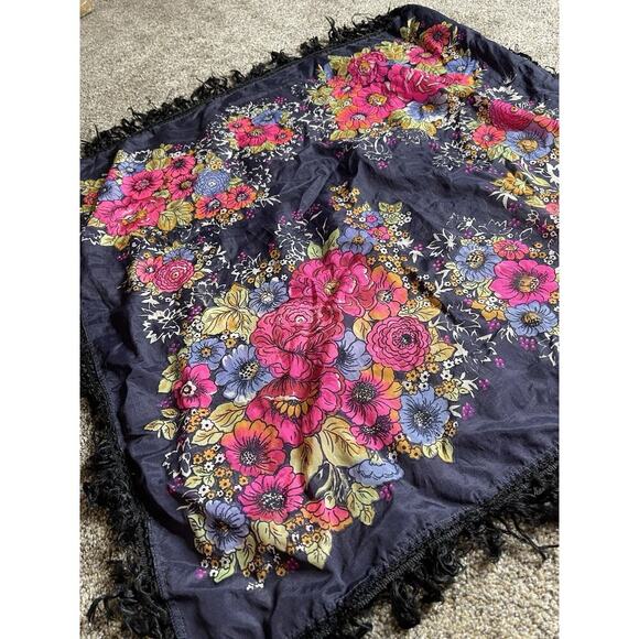 Vintage Bright Floral Neon Scarf Fringe Navy Blue Ukrainian Russian - Picture 2 of 6